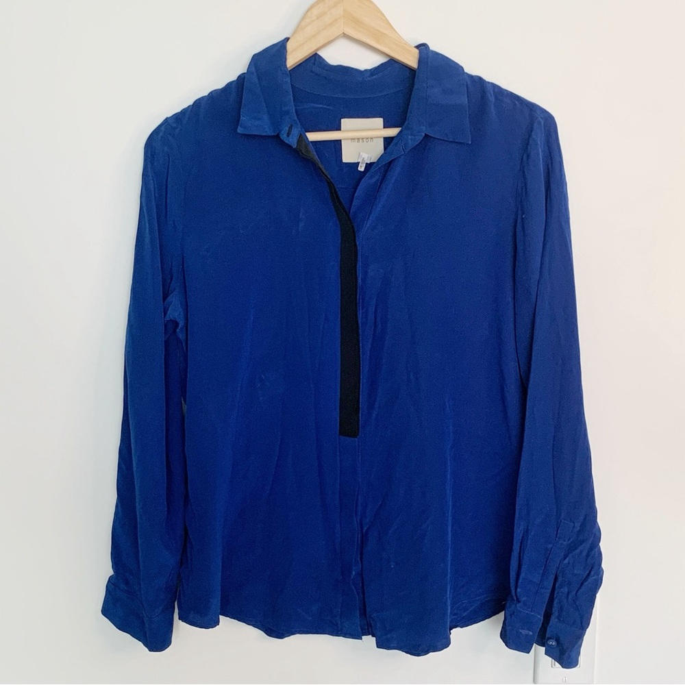 100% Silk Blue Button Down Top